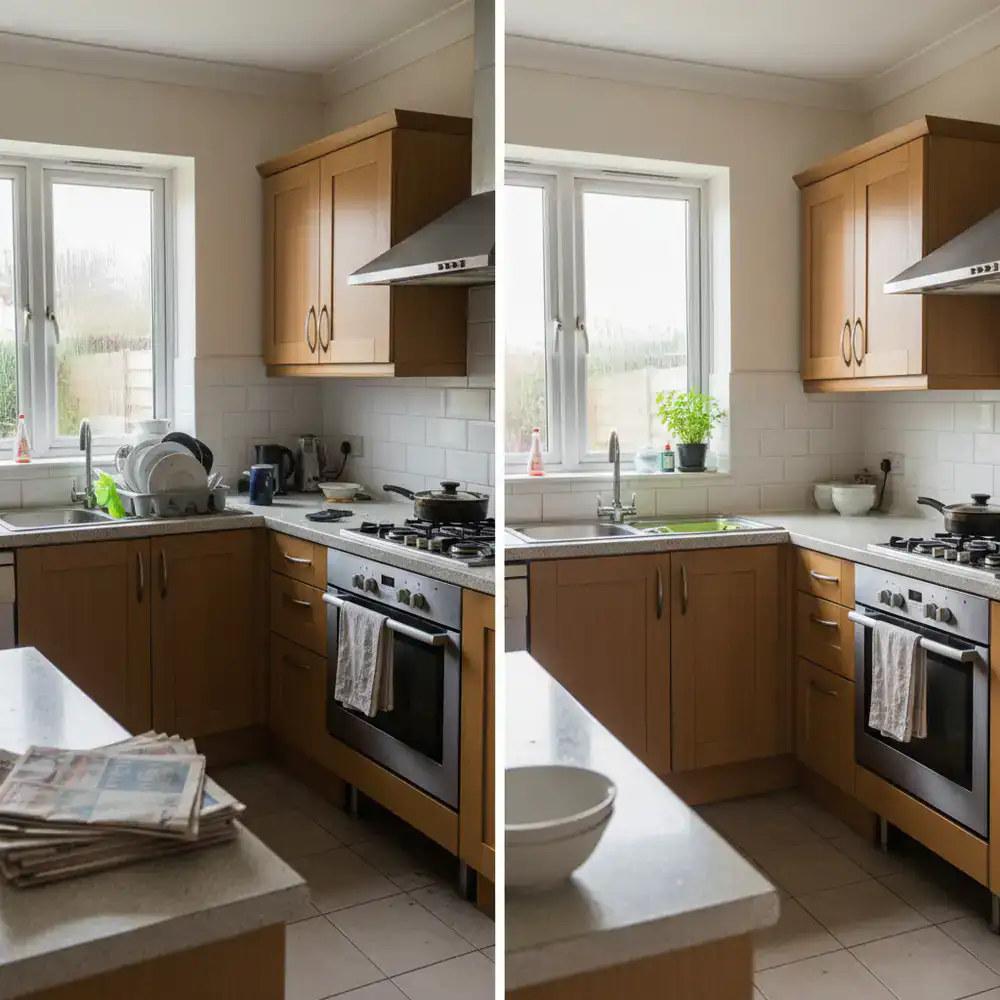 Before and after of a kitchen deep clean