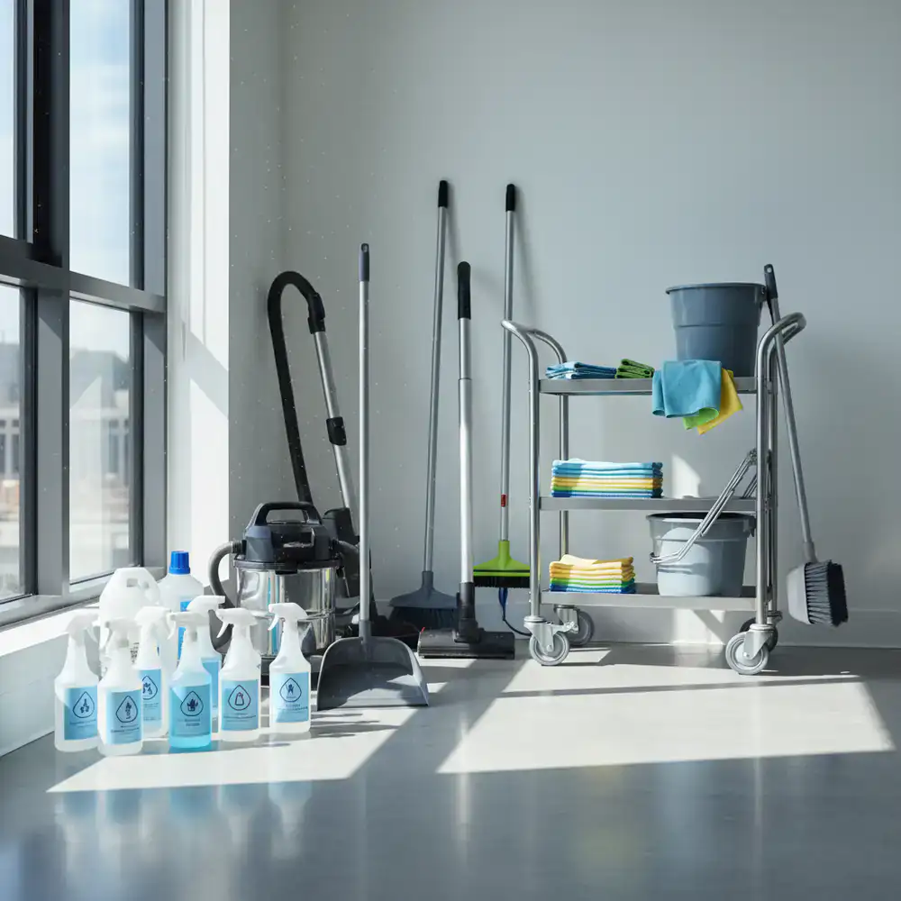 DeepClean Crew professional cleaning supplies and equipment organized for a job