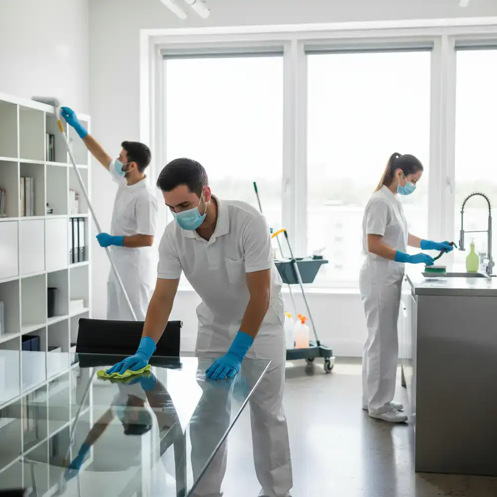 Deep cleaning professionals meticulously wiping surfaces
