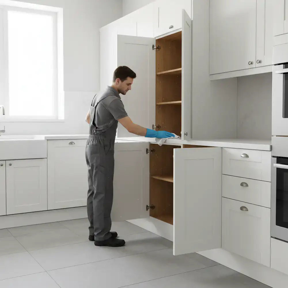 Professional cleaner wiping down the interior of empty kitchen cabinets